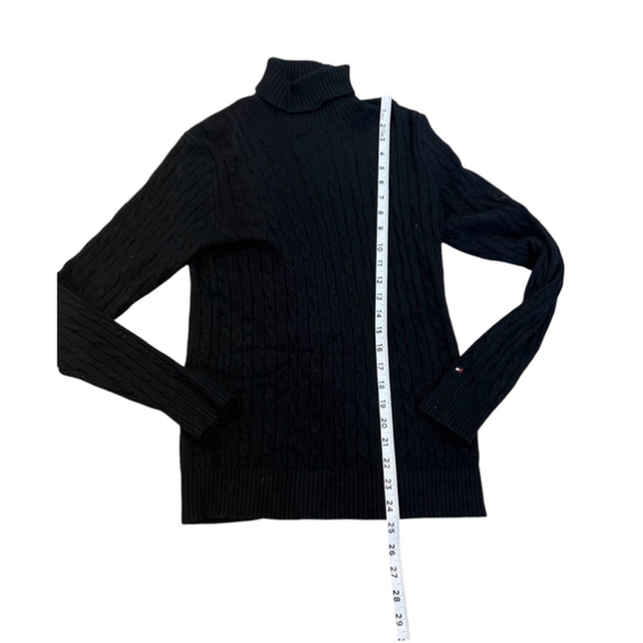TOMMY HILFIGER Wool Alpaca Blend Black Cable Knit Fitted Turtleneck Sweater L - Picture 6 of 8